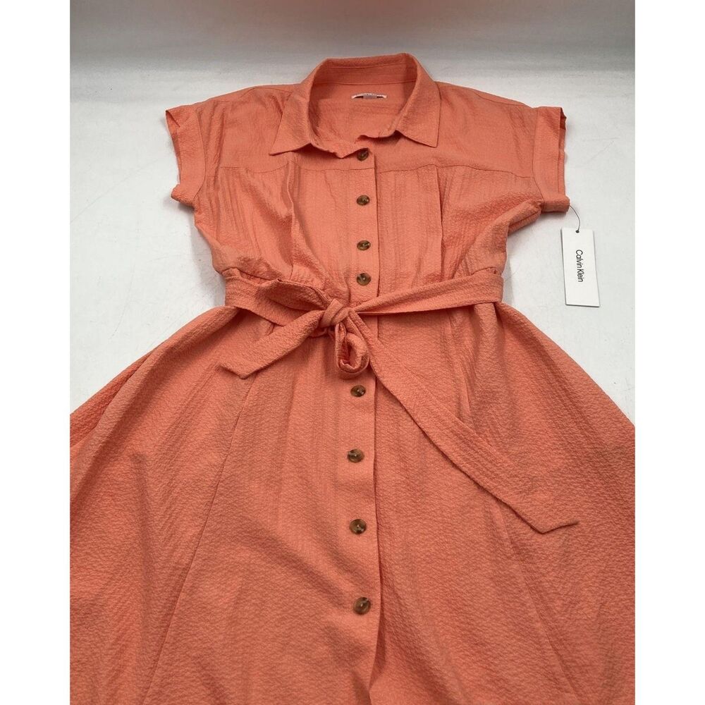 NWT Calvin Klein Women's Belted Cap-Sleeve Shirt Dress in Coral Orange Size 10
